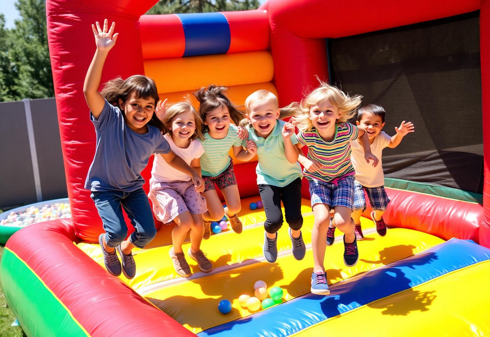 Crianças felizes brincando em pula-pula colorido em festa de aniversário